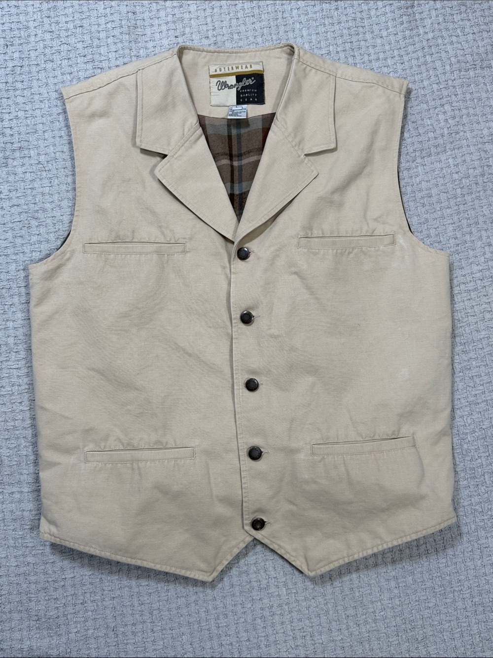 Vintage Wrangler Cowboy Canvas Western Vest Beige Button Up Size Large